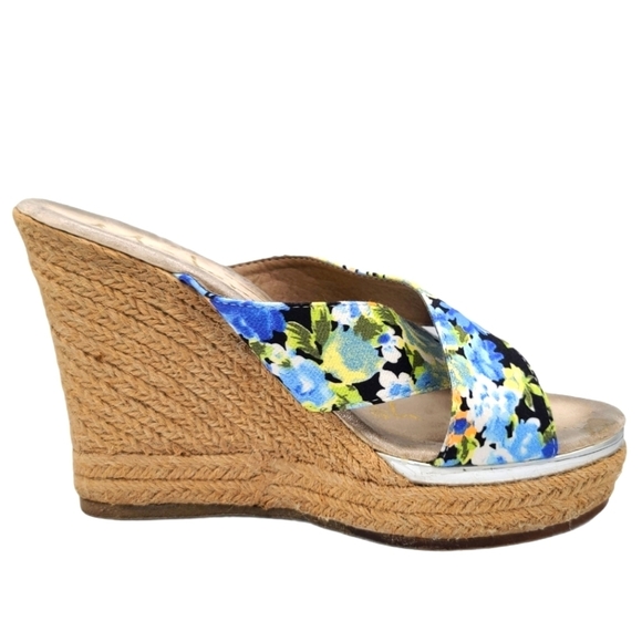 Modern Rush CHERYL BLACK Espadrilles Size 8.5M Floral Fabric Open Toe 4" Wedge - Picture 7 of 8